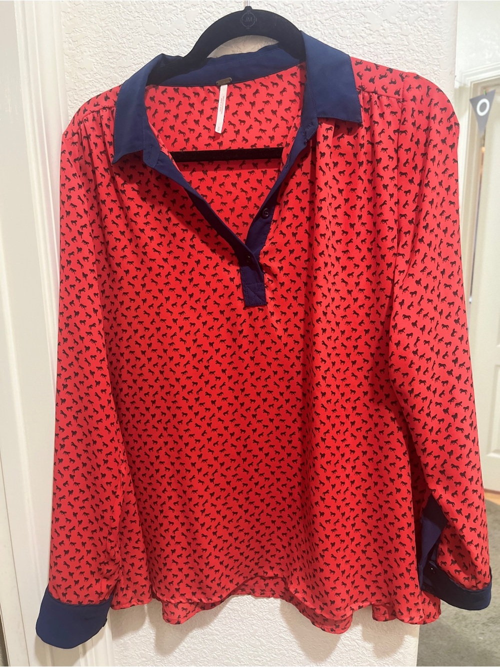 Horse print Long Sleeve Blouse with Navy Trim